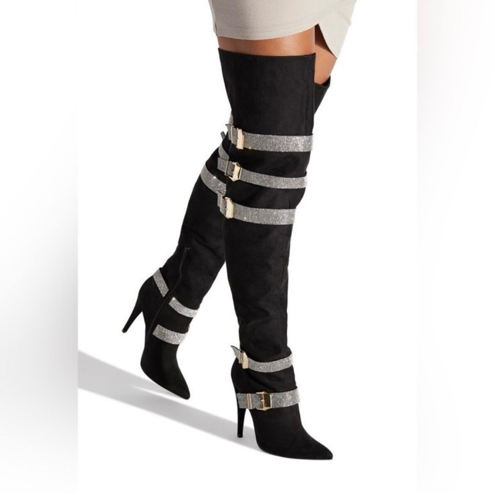 Shoe dazzle apolloniaWomen's Black and Silver Over-the-Knee Boots in size 9.5